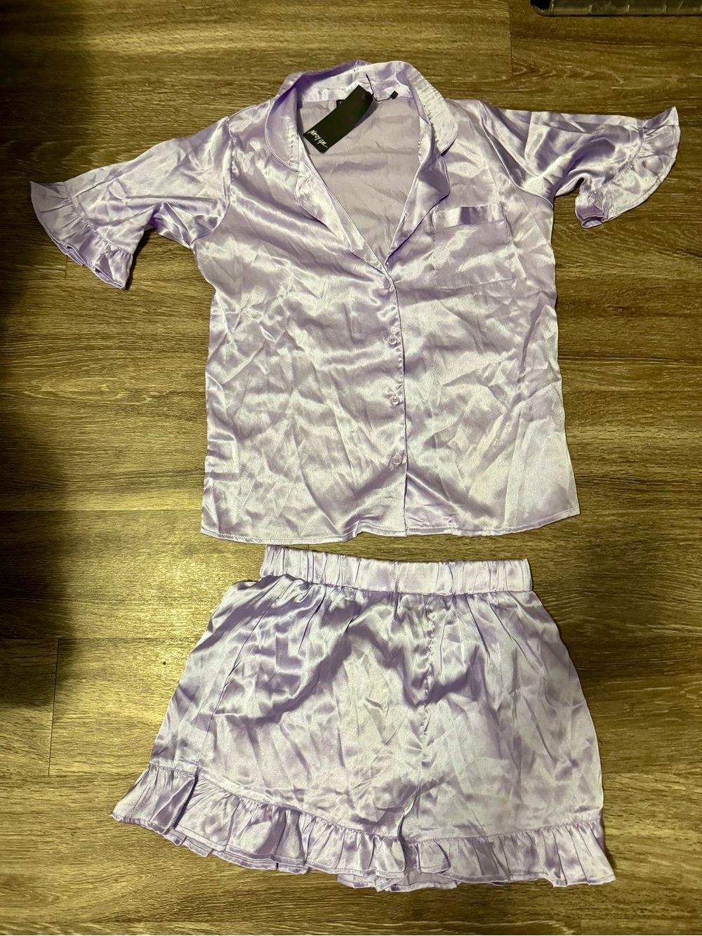 Nasty Gal Lavender Satin Ruffle Short Sleeve Pajama Two-Piece Set